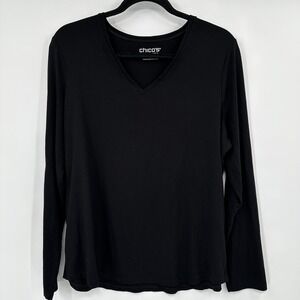 Chicos Womens Black Long Sleeve V Neck Basic Top Size 2 Lrg Made in South‎ Korea